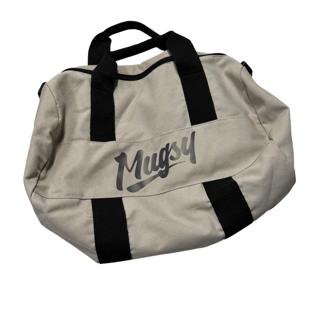 Mugsy Duffel Bag Canvas Beige Black Gym Weekender Logo Tote Travel